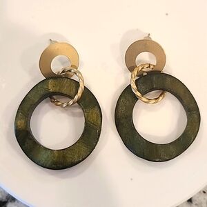 Olive green and gold wooden earrings